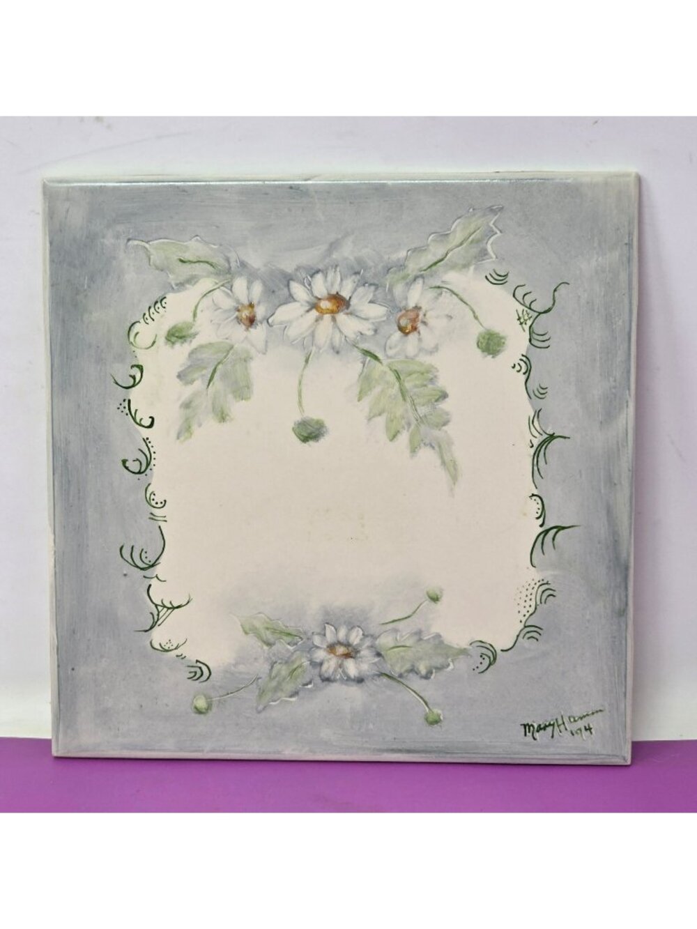 Hand-Painted‎ Ceramic Tile With Daisy Floral Design Signed By Artist 1994